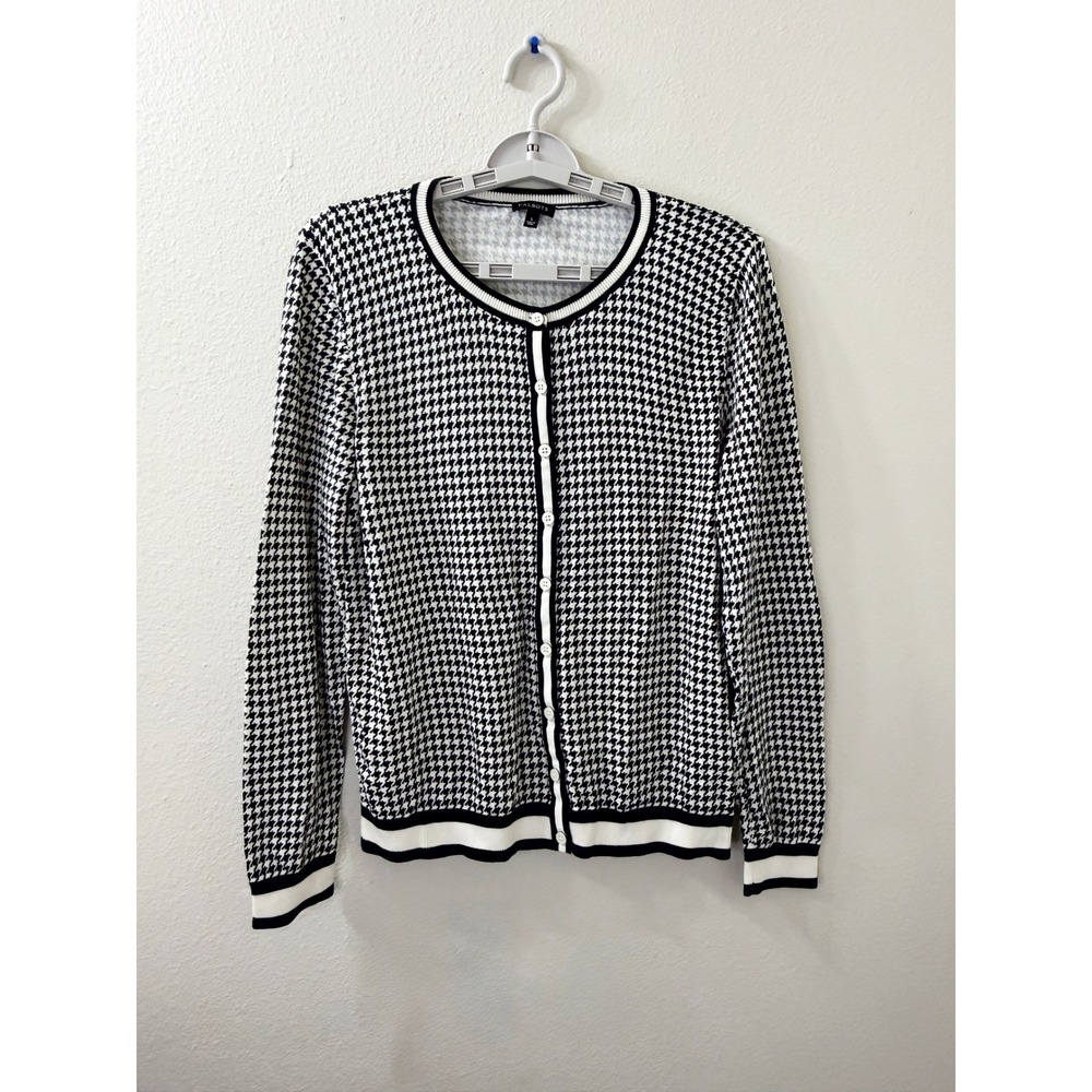Talbots Womens Black White Houndstooth Button Front Cardigan Sweater Large